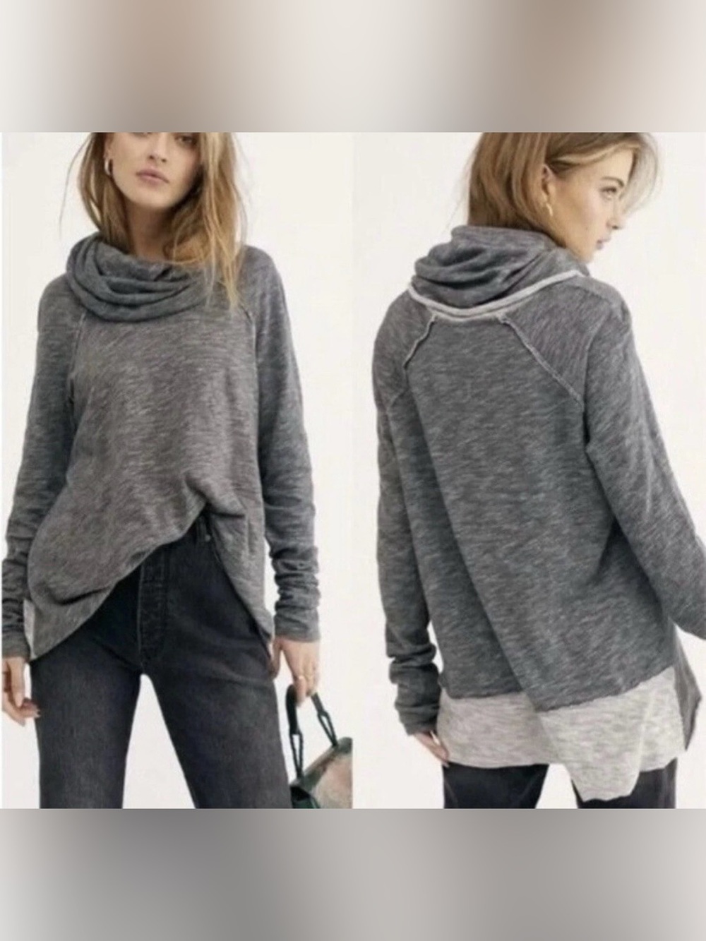 FP Beach FREE PEOPLE Cocoon Cowl Neck Two Body Pullover Sweater One Size Gray